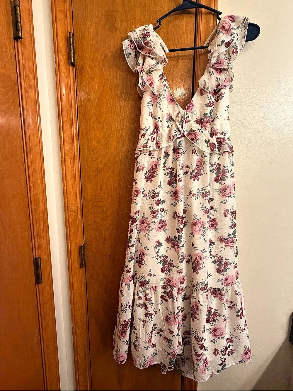 Trixxi Ivory Floral Tie Shoulder Tiered Midi Dress Pink & White Large
